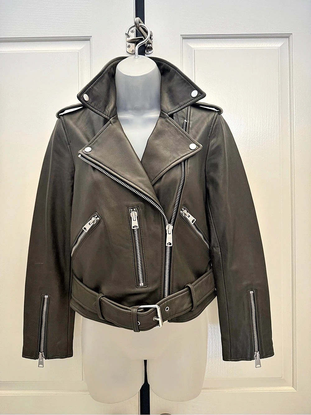 AllSaints Green Balfern Leather Biker Jacket US 4